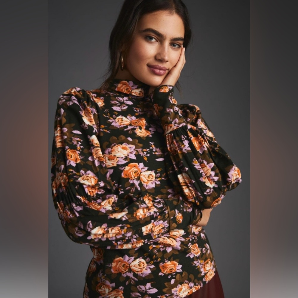 Anthropologie Tiered Sleeve Turtleneck Dark Floral Womens Size XS
